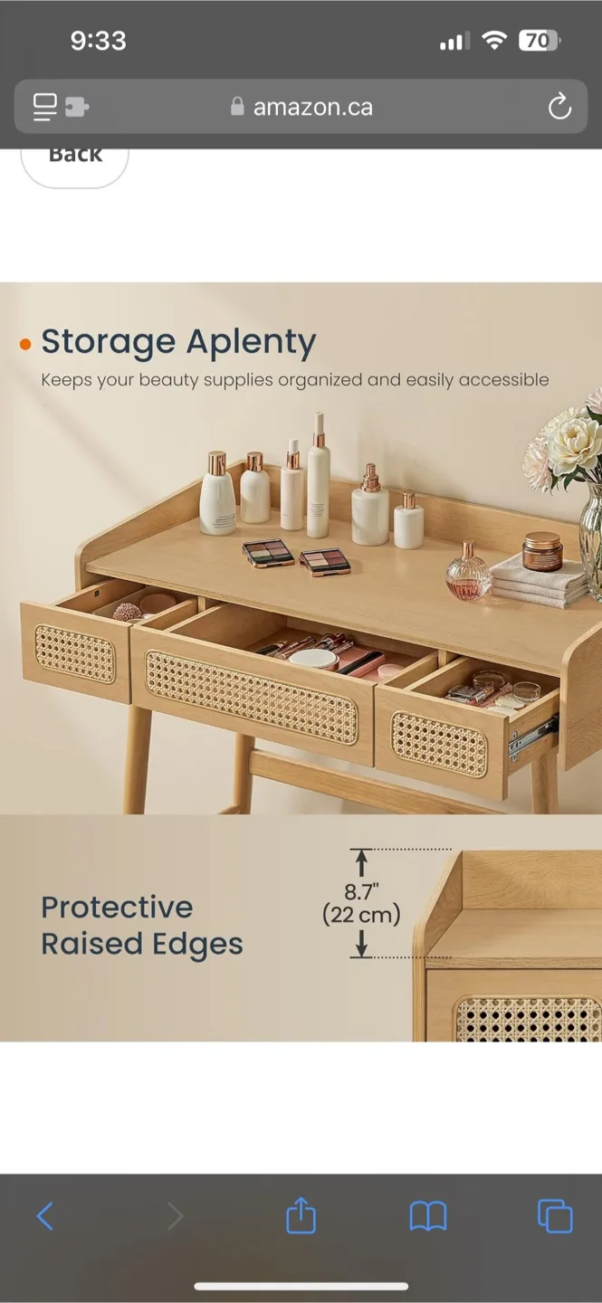 Vanity Desk with Rattan Accents and Lighted Mirror image indicator(6)