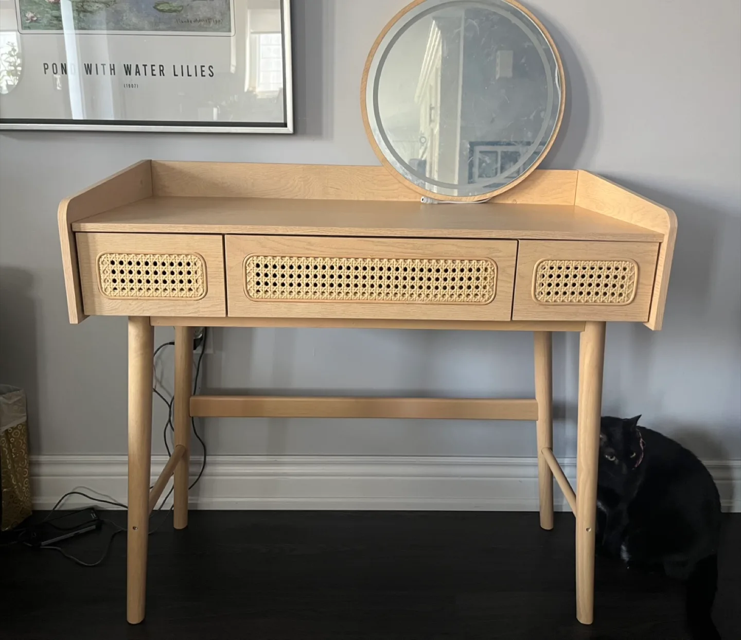 Vanity Desk with Rattan Accents and Lighted Mirror image indicator(2)