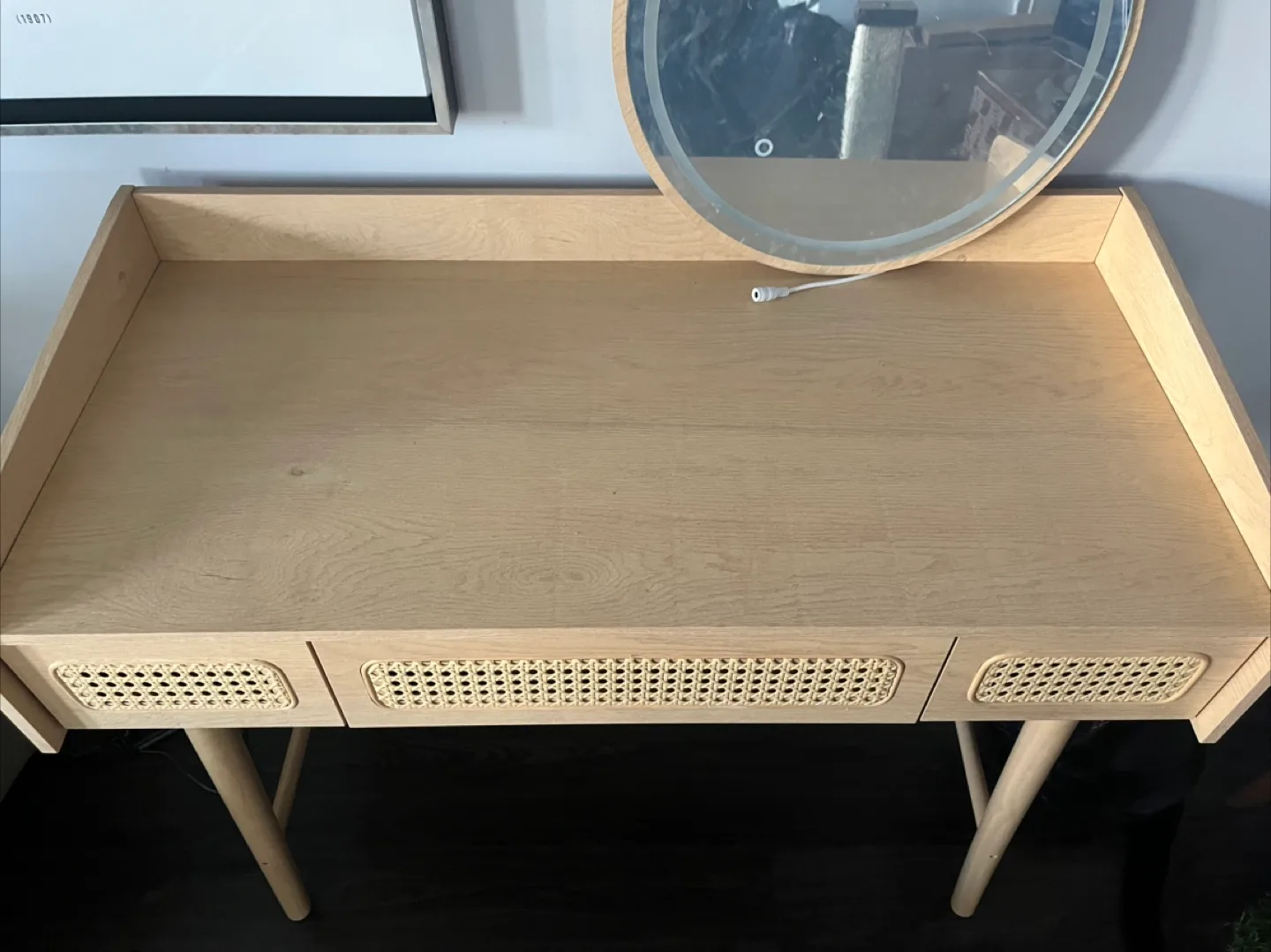 Vanity Desk with Rattan Accents and Lighted Mirror image indicator(3)
