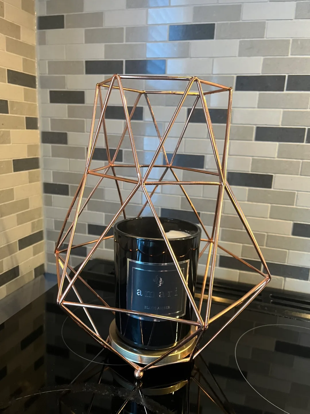 Rose Gold Geometric Candle Holder with Amarí Black Amber Candle thumbnail