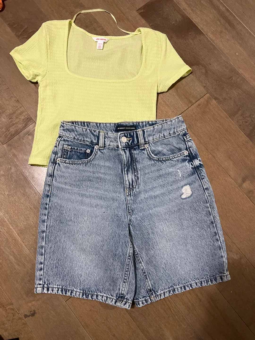 Joe Fresh lime green crop top and denim shorts bundle thumbnail