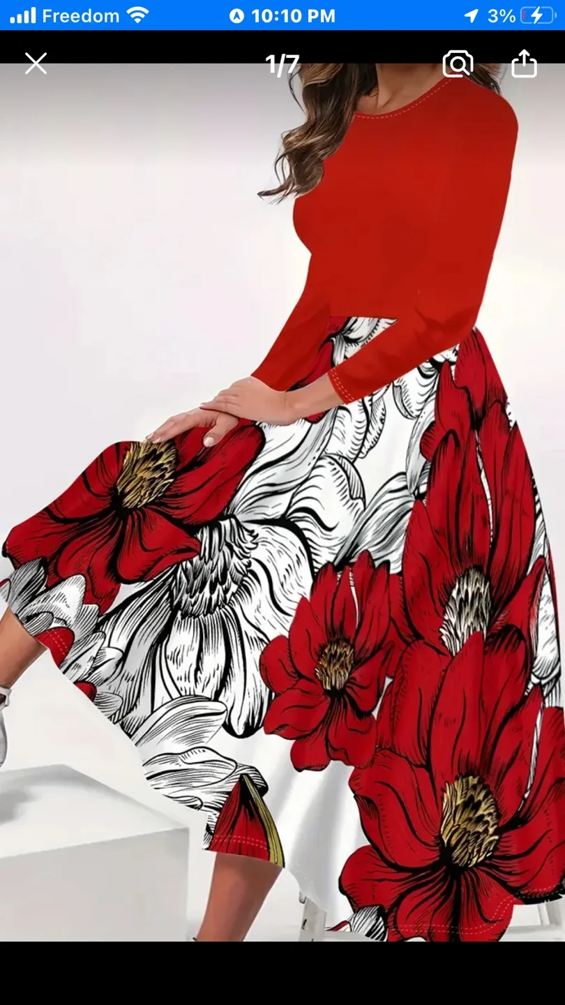 Red and White Floral Midi Dress image indicator(3)