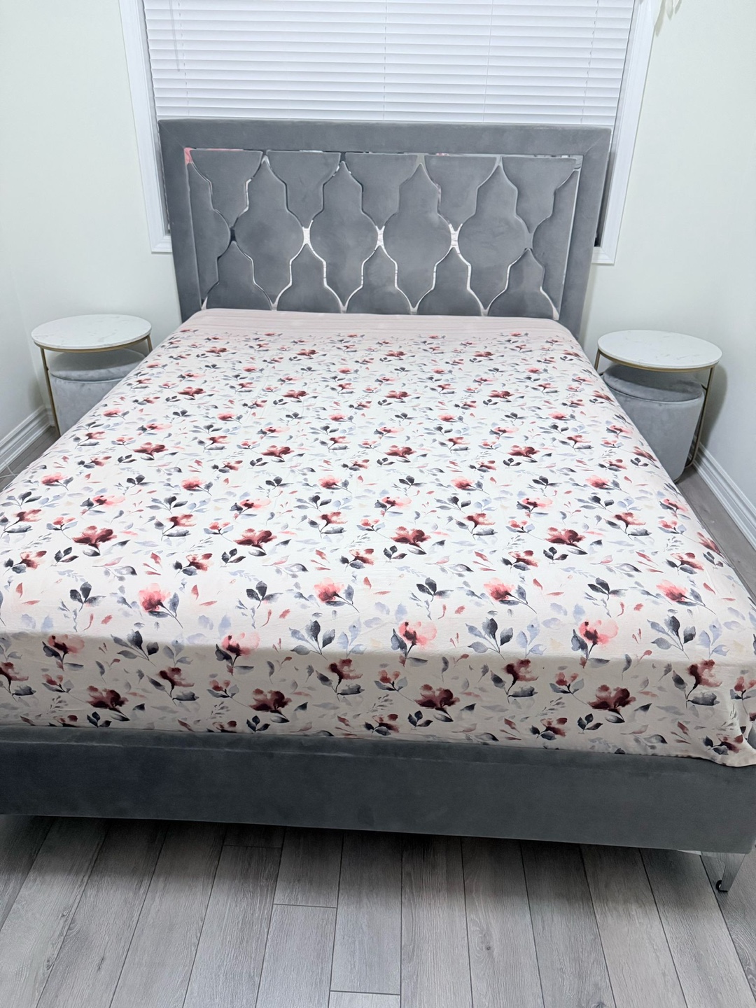 Grey Velvet Queen Bed Frame with Matching Storage Ottomans