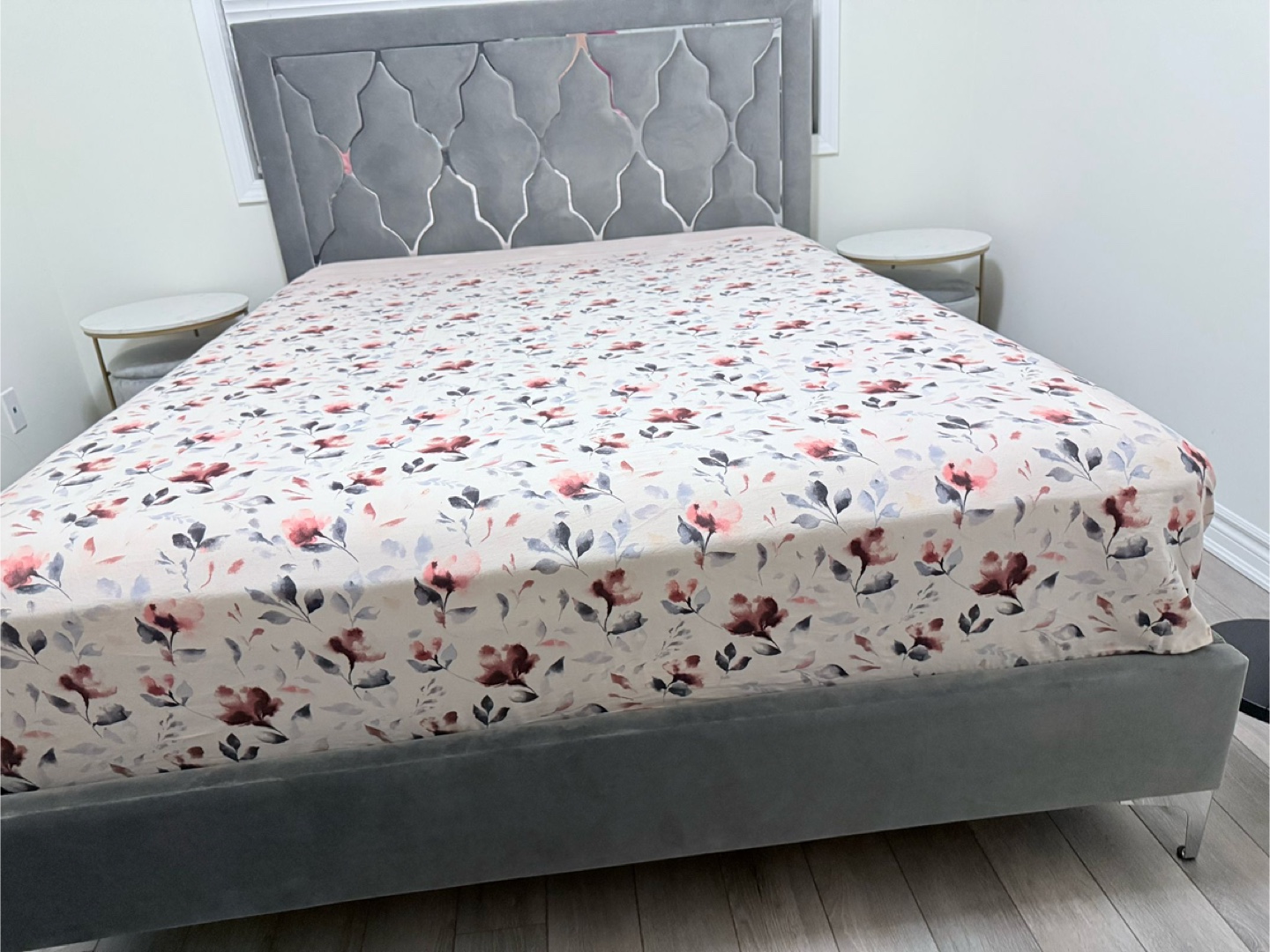 Grey Velvet Queen Bed Frame with Matching Storage Ottomans - photo 2