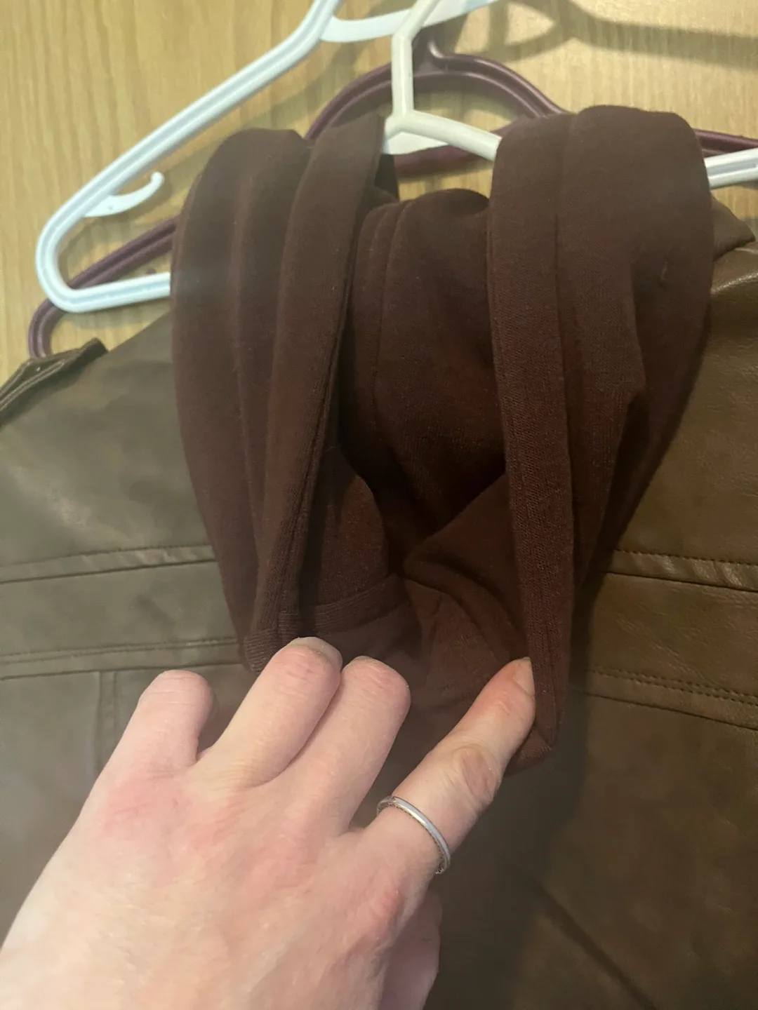 Men's Brown Faux Leather Jacket with Hoodie image indicator(6)