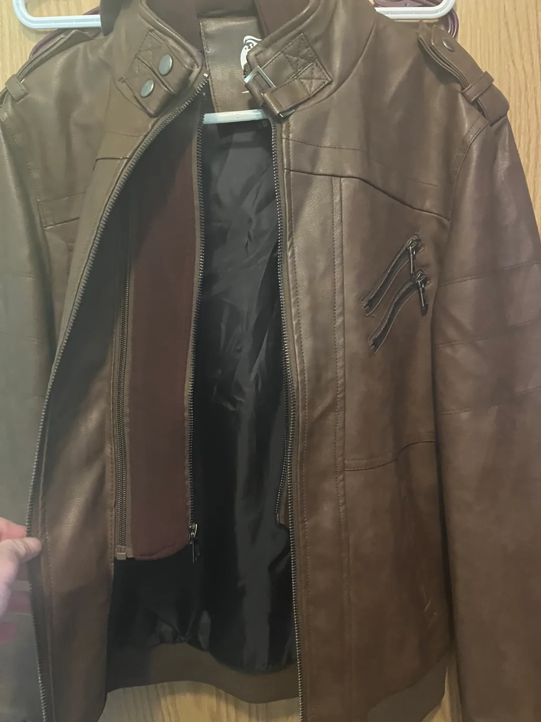 Men's Brown Faux Leather Jacket with Hoodie image indicator(9)