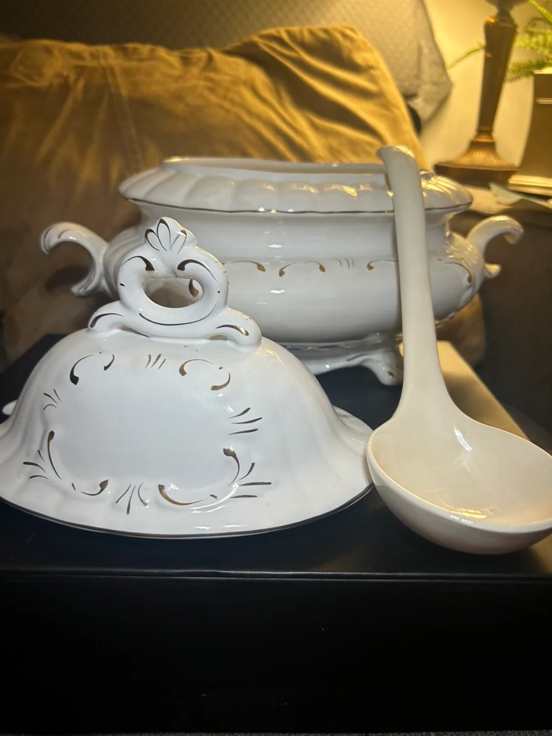 Vintage White and Gold Tureen with Ladle image indicator(2)