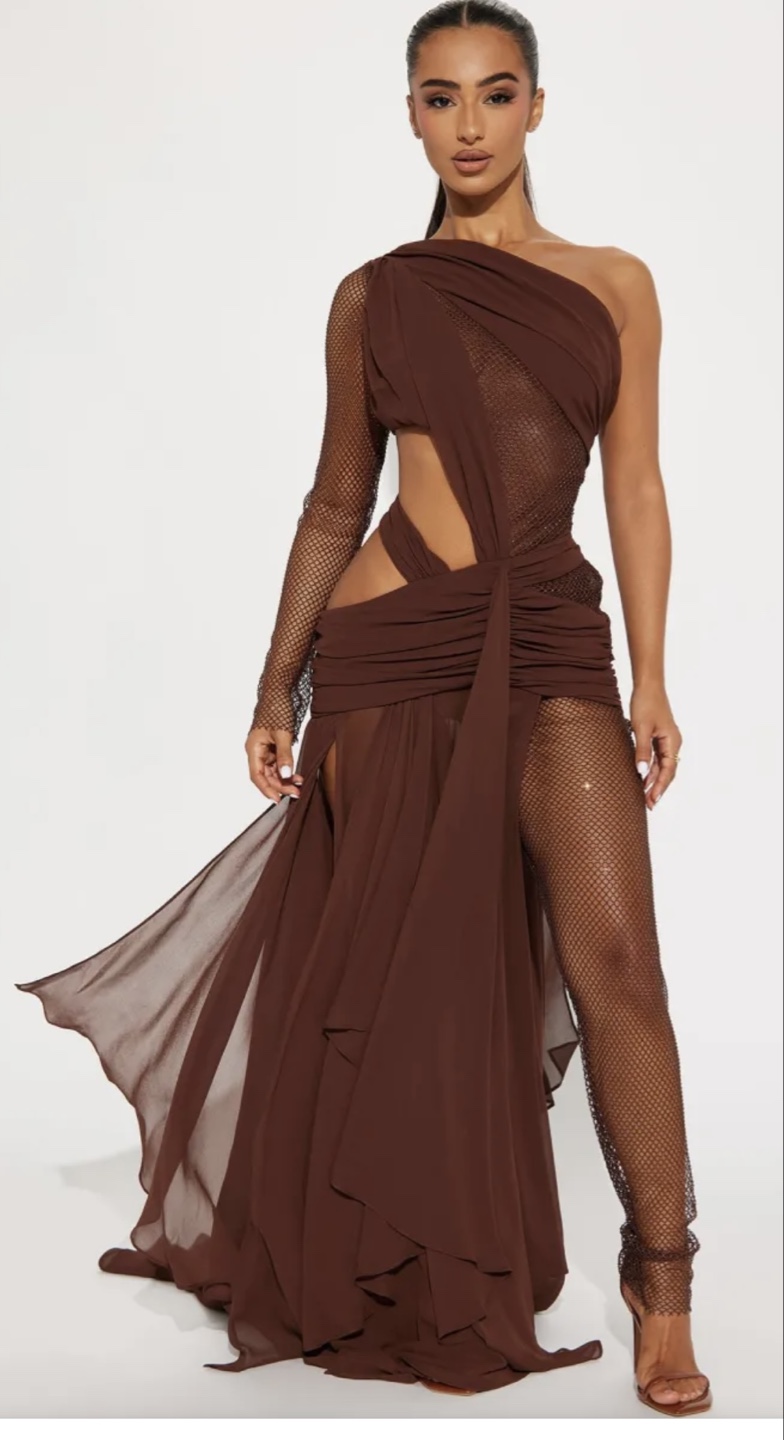 Stunning Brown One-Shoulder Cut-Out Maxi Dress