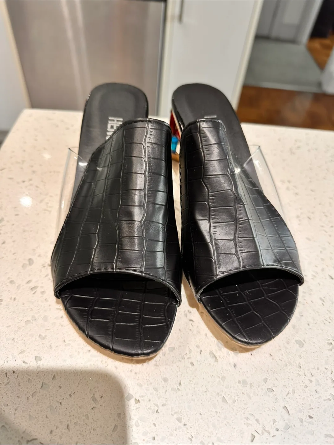 New black jeweled heeled mules thumbnail