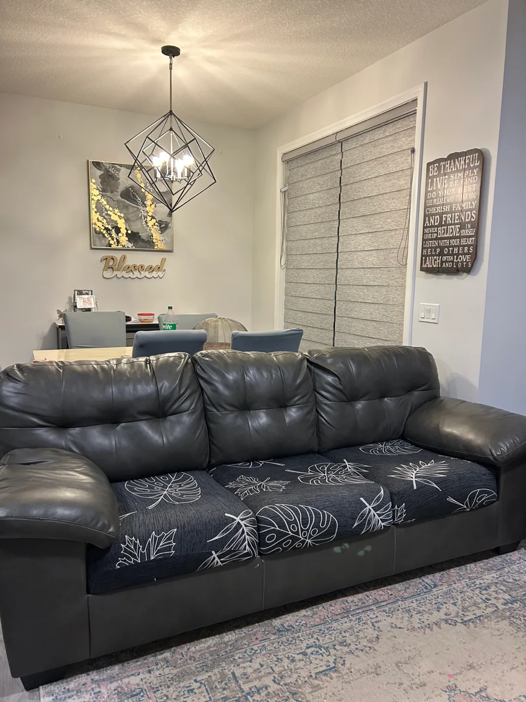 Dark Grey Leather Sofa with Leaf Print Slipcover image indicator(2)