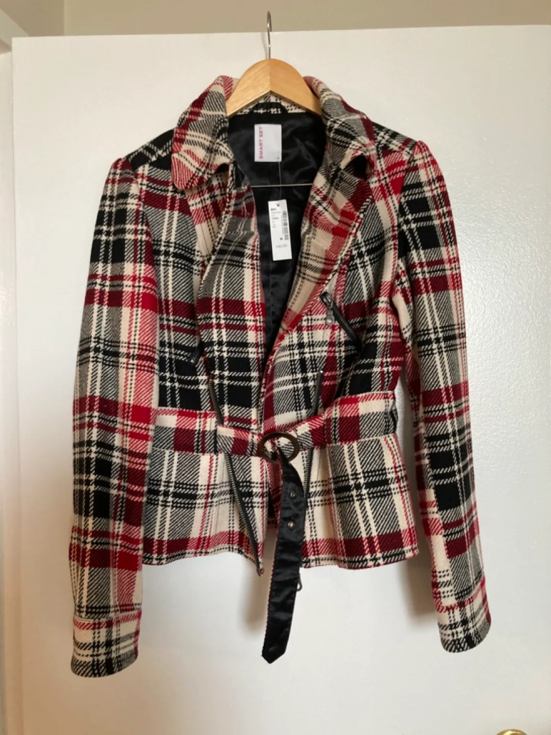 Smart Set Red Plaid Belted Jacket Size M thumbnail