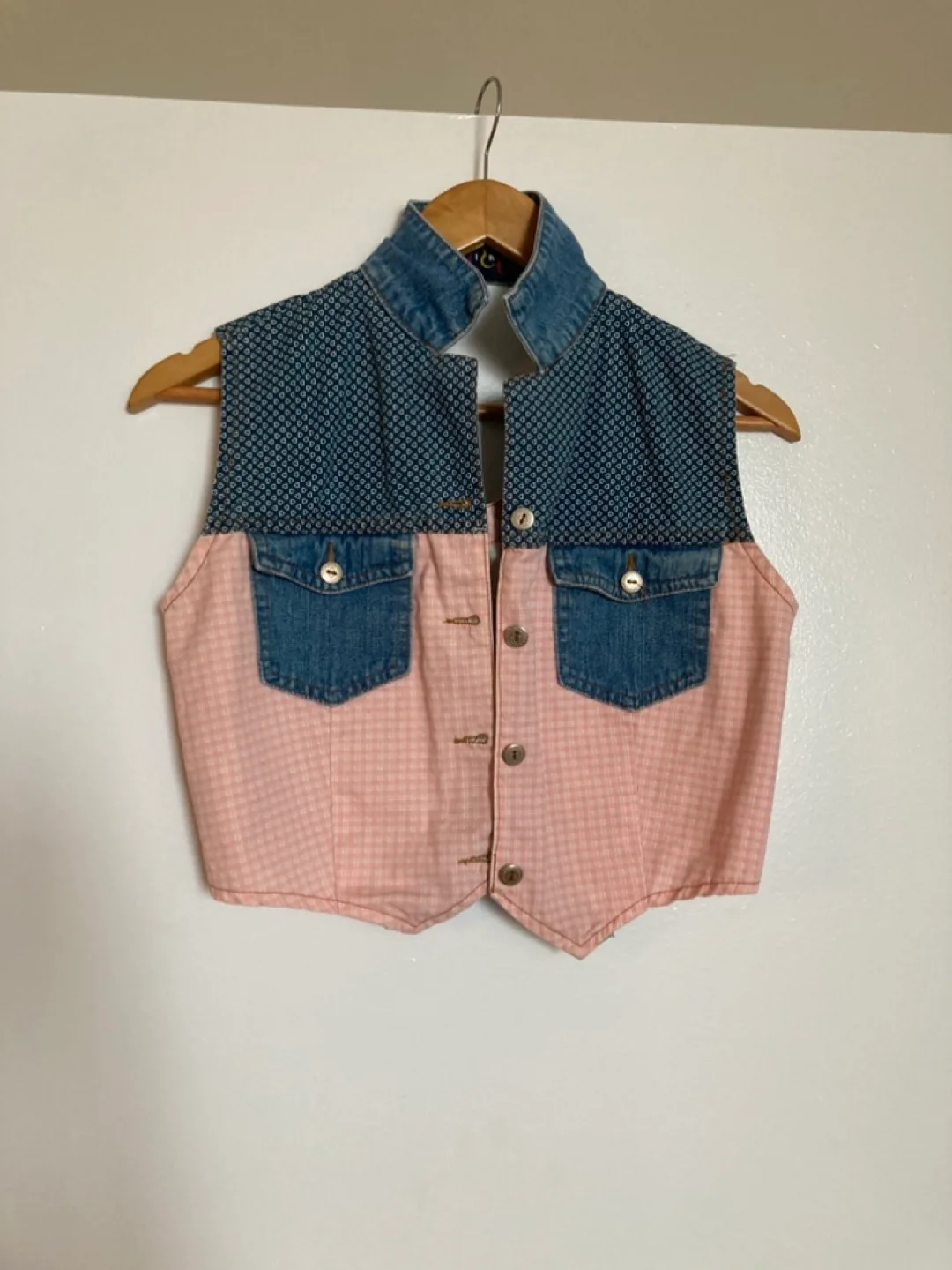 Vintage Denim and Gingham Vest -Small thumbnail