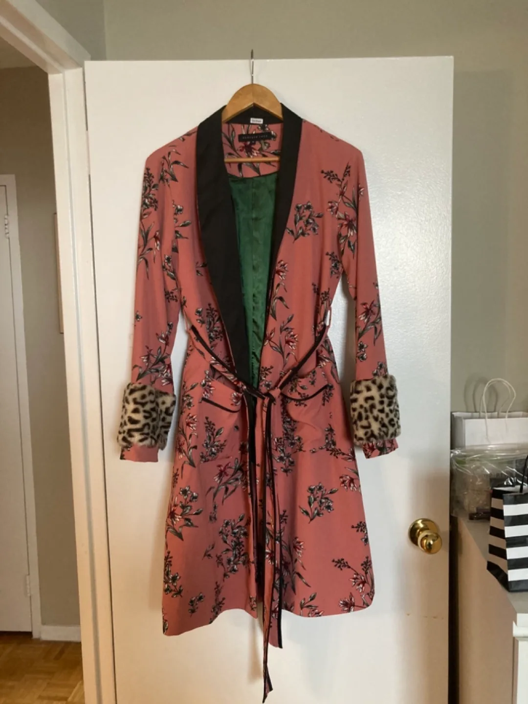Floral Kimono Robe with Leopard Cuffs thumbnail