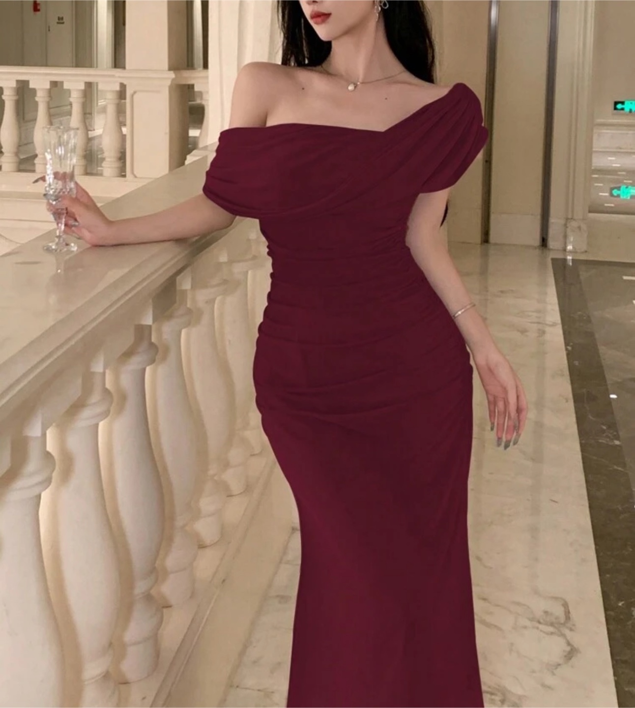 Stunning Burgundy Shoulders off Midi Dress