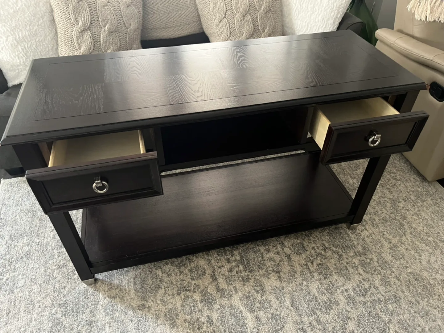 Dark Brown Console Table with Drawers and Shelf image indicator(3)