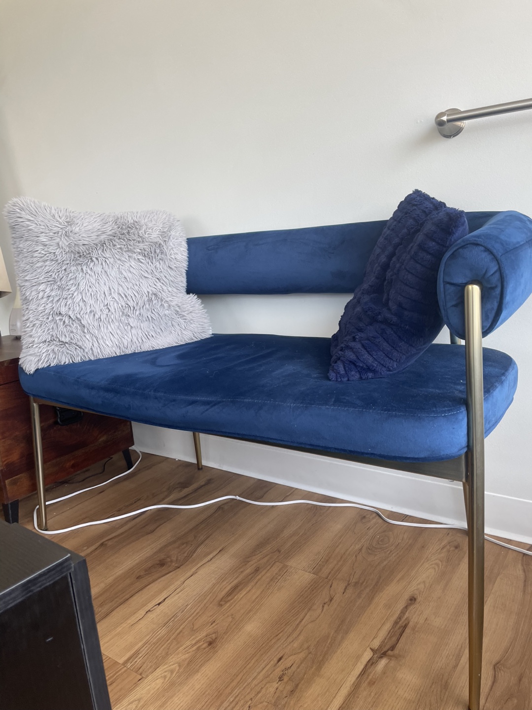 Navy Blue Velvet Bench with Gold Legs