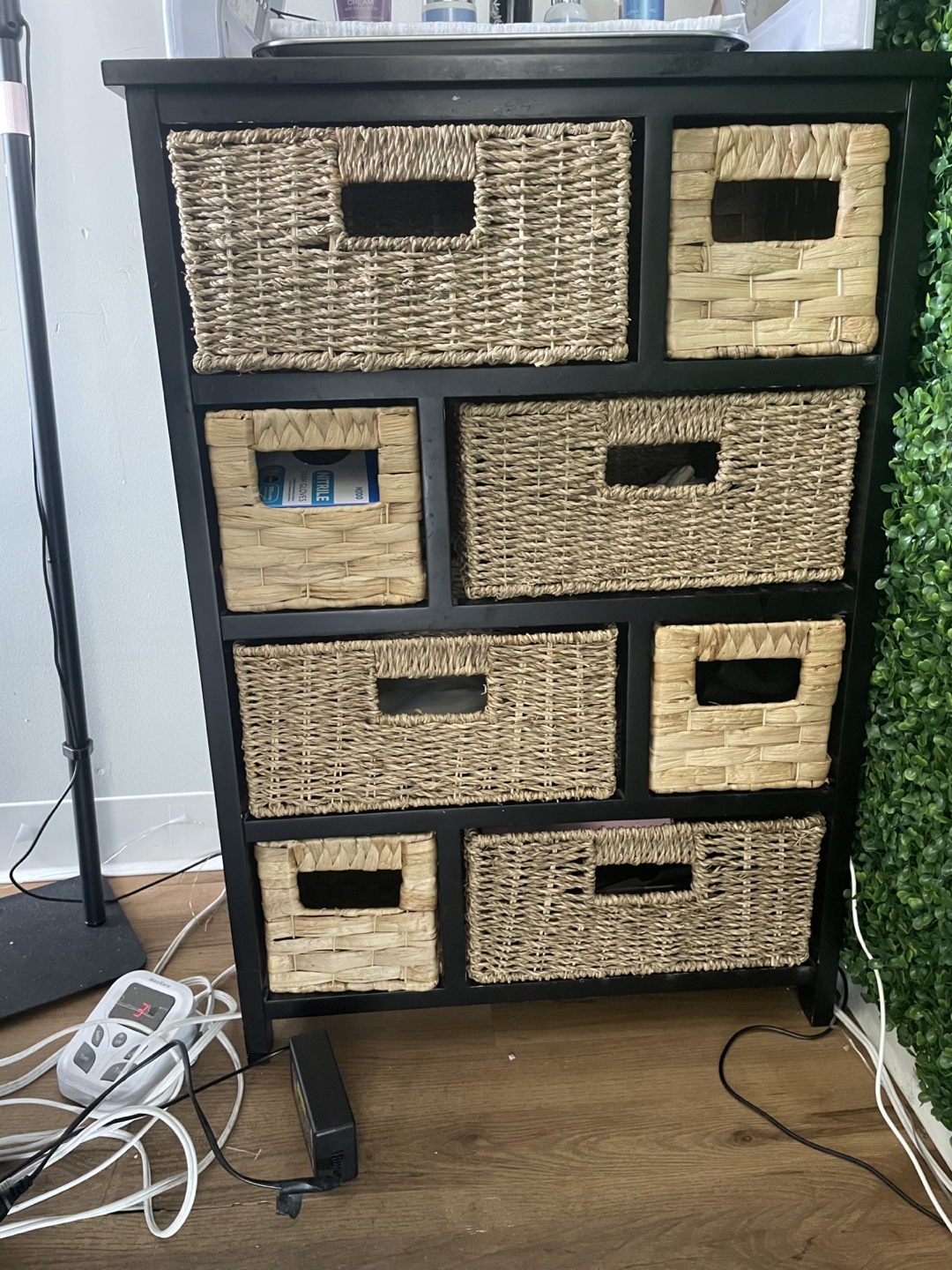 Black Wooden Storage Cabinet with Wicker Baskets