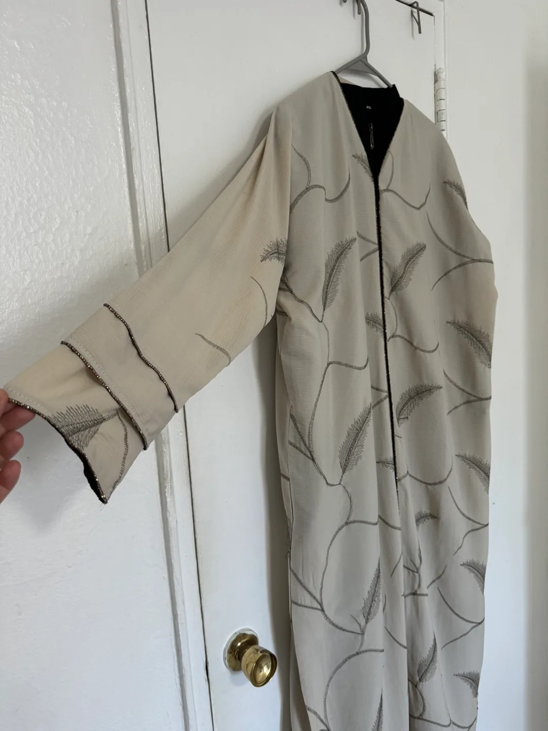 Beige Abaya with Embroidered Feathers thumbnail