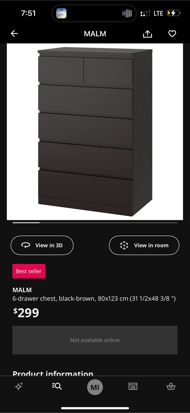 IKEA MALM 6-Drawer Chest - Black-Brown