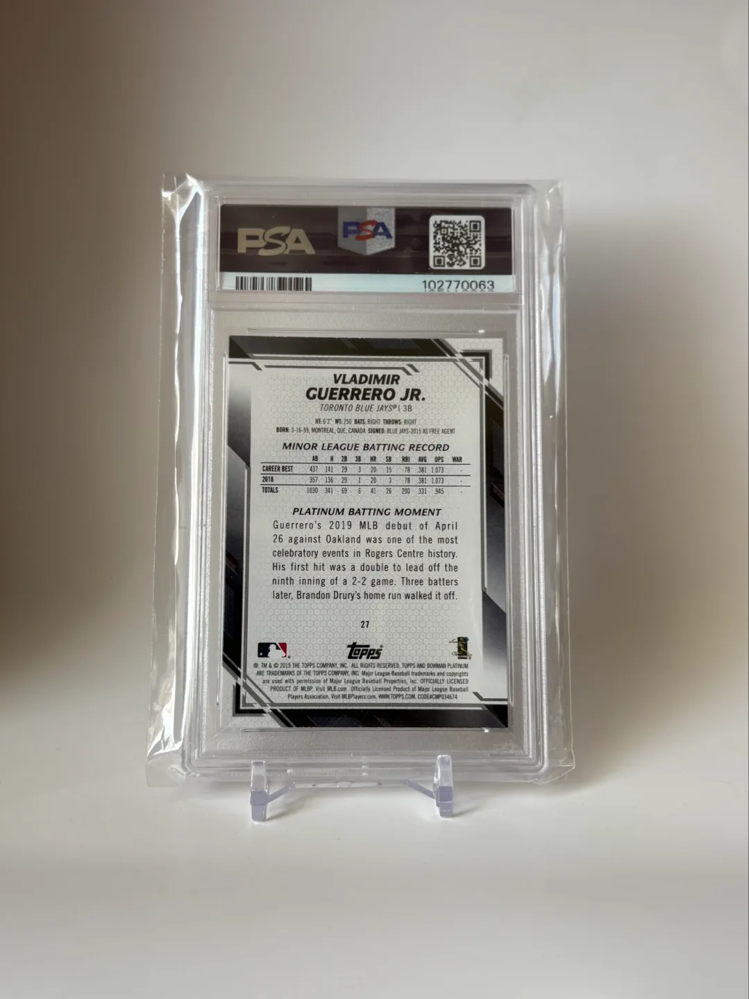 2019 Bowman Platinum Vladimir Guerrero Jr. #27 PSA 10 Gem Mint image indicator(2)