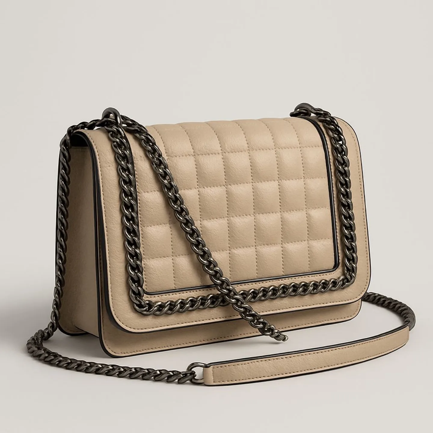 Beige quilted shoulder bag with chain strap thumbnail