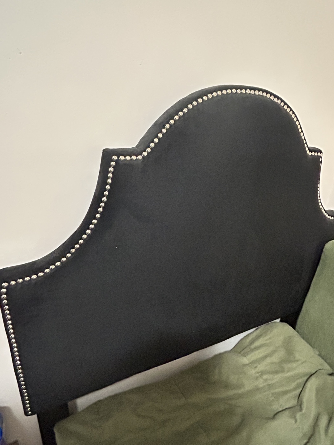 Twin bed, black velvet headboard with Simmons mattress