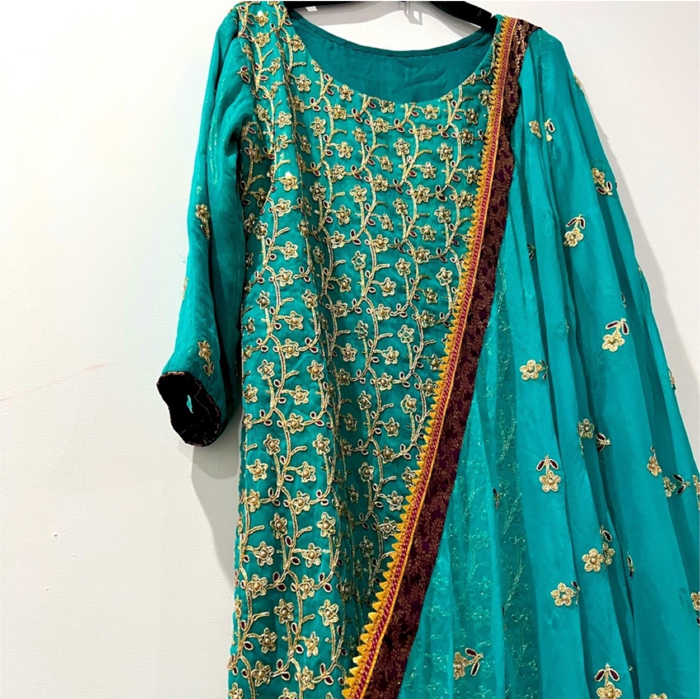 Teal and Gold Embroidered Shalwar Kameez
