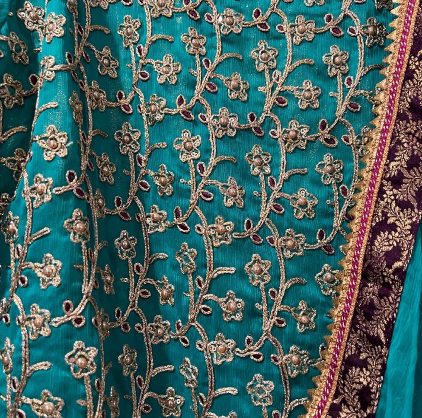 Teal and Gold Embroidered Shalwar Kameez - photo 3