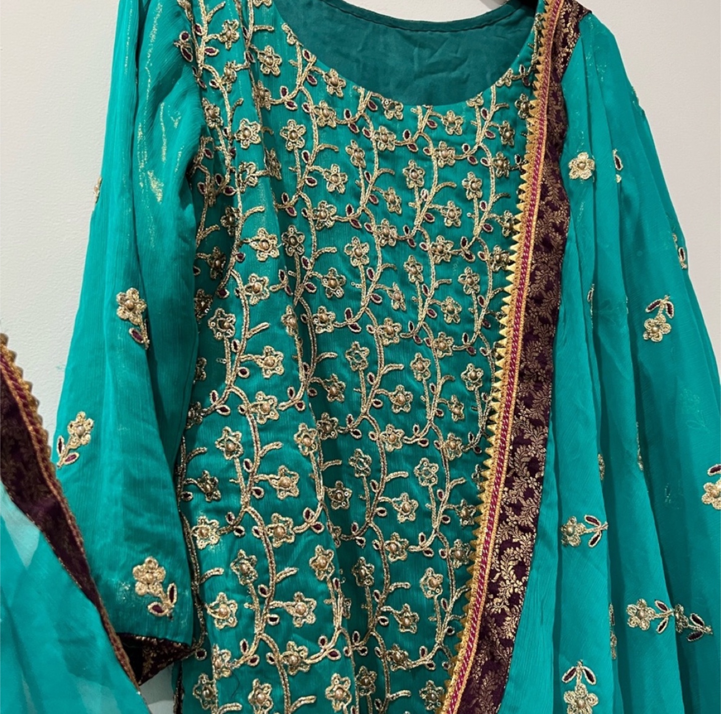 Teal and Gold Embroidered Shalwar Kameez - photo 2