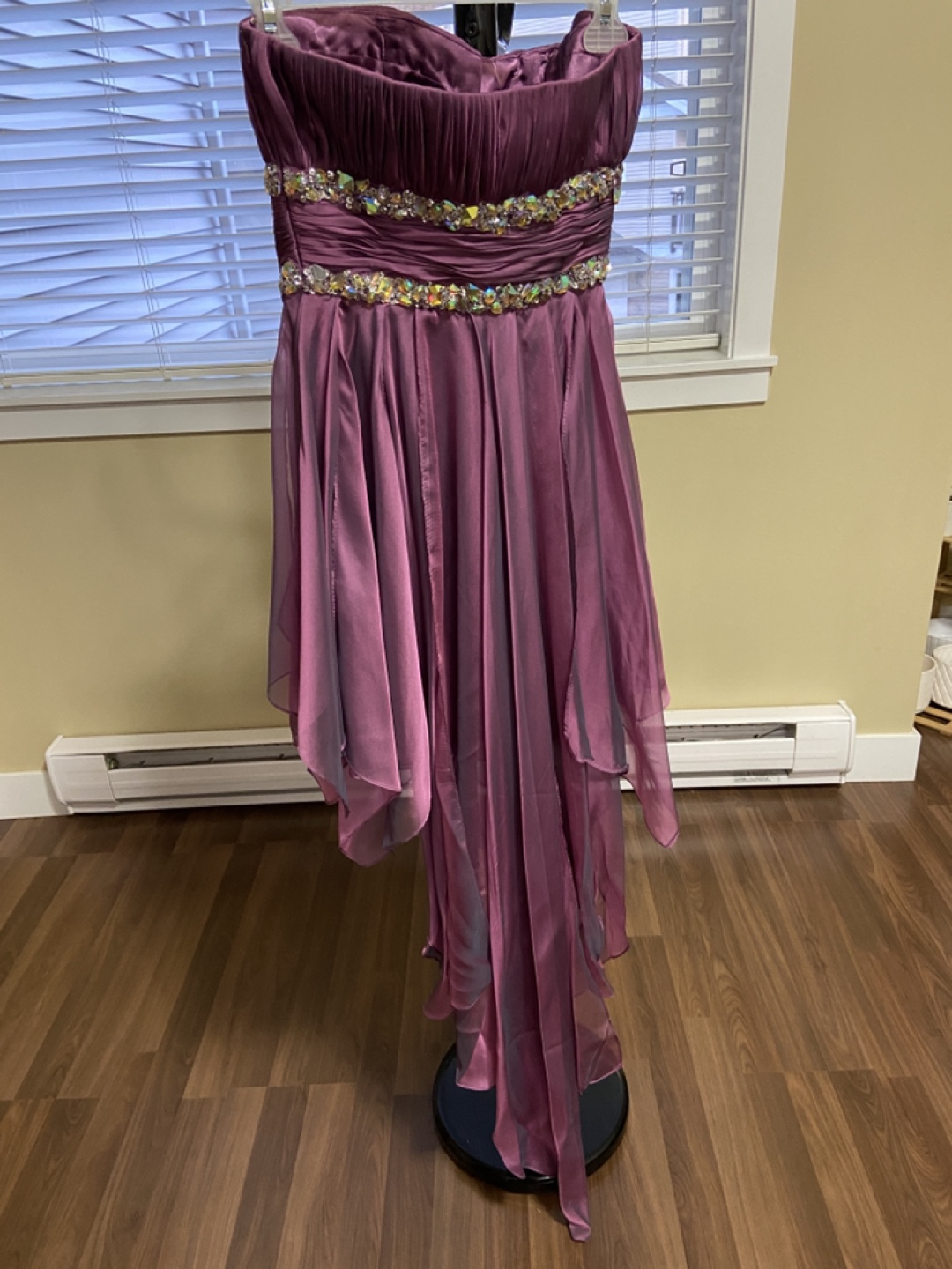 Purple Strapless High-Low Prom Dress with Rhinestone Detail - photo 3