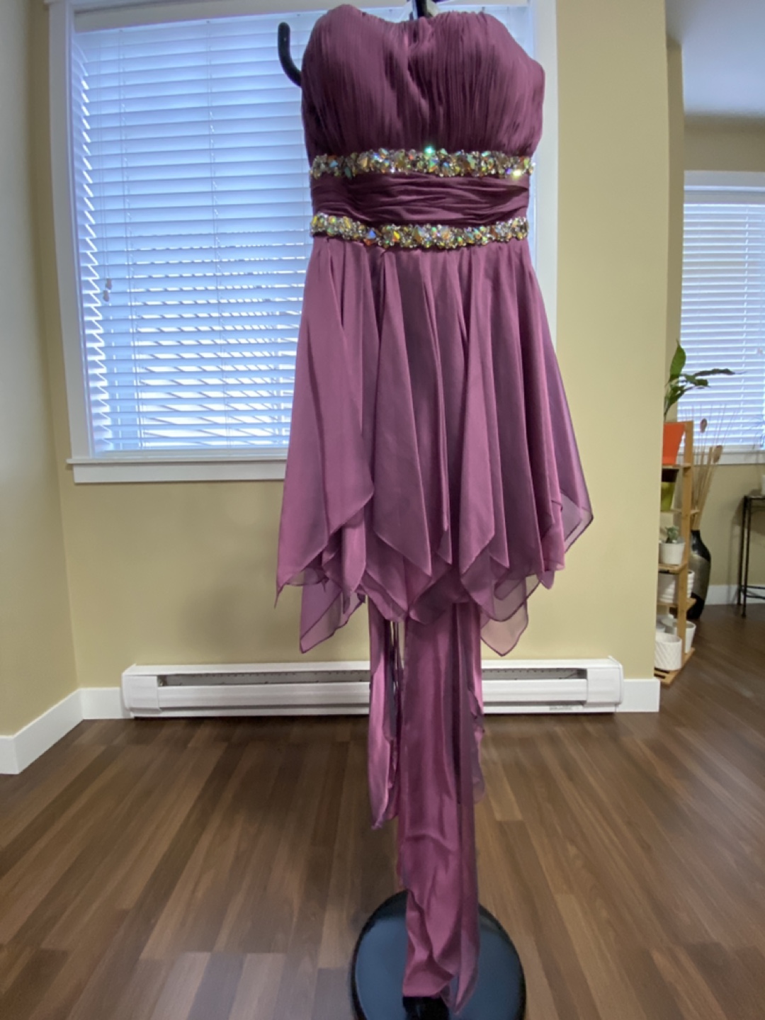 Purple Strapless High-Low Prom Dress with Rhinestone Detail - photo 2