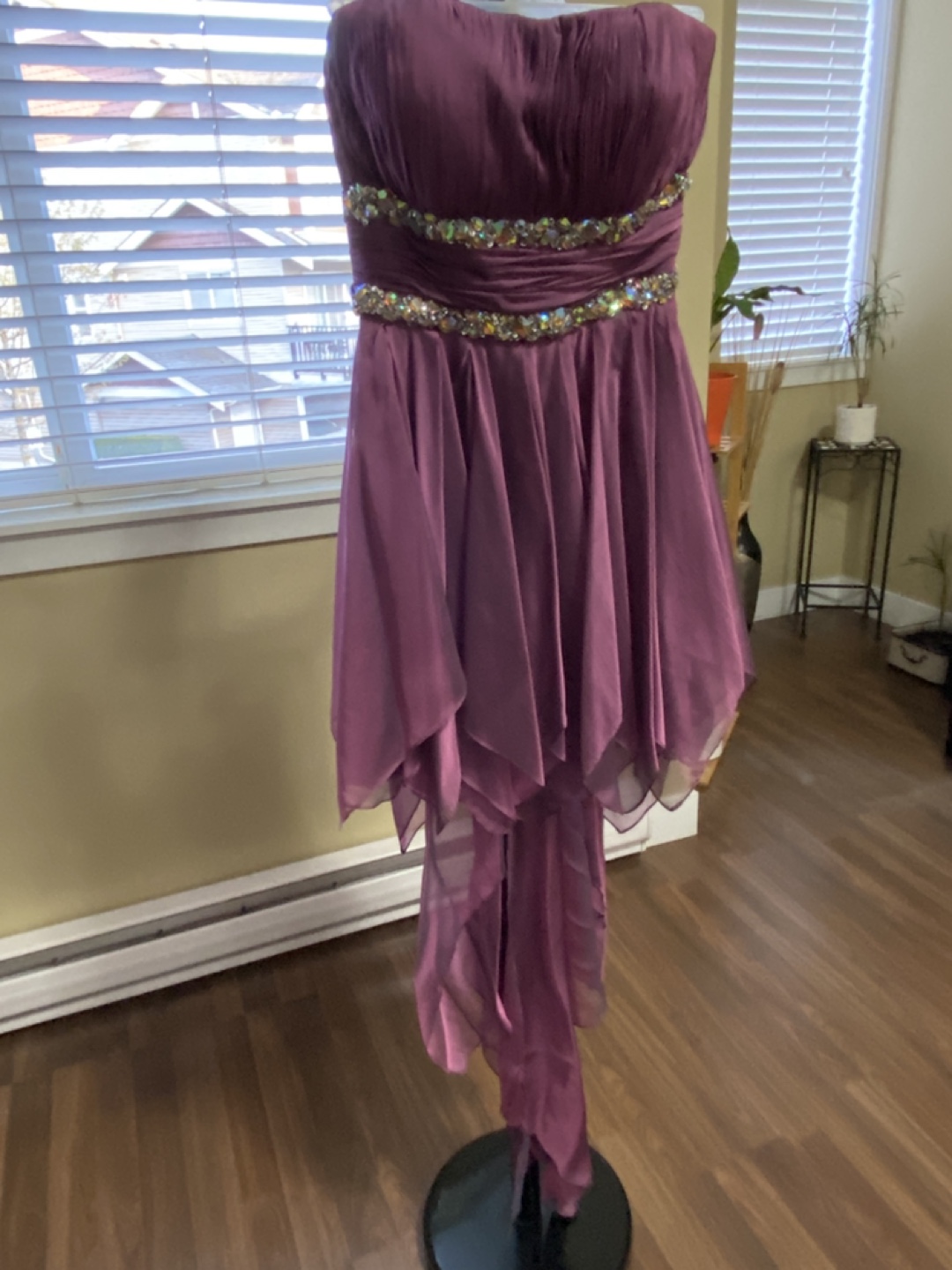 Purple Strapless High-Low Prom Dress with Rhinestone Detail