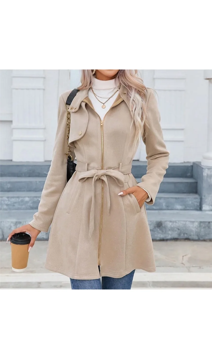 Women's Beige Zip-Up Belted Jacket thumbnail