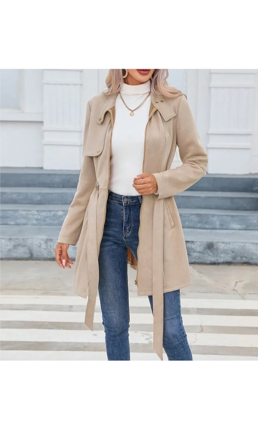 Women's Beige Zip-Up Belted Jacket image indicator(3)