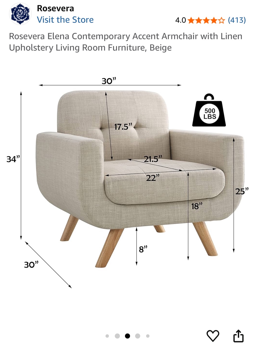 Rosevera Elena Accent Armchair Beige Linen Upholstery - photo 5