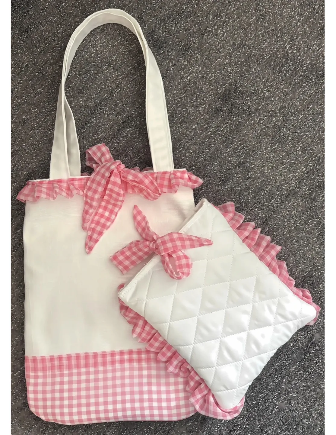 Adorable Pink Gingham Tote Bag and Matching Pouch Set thumbnail