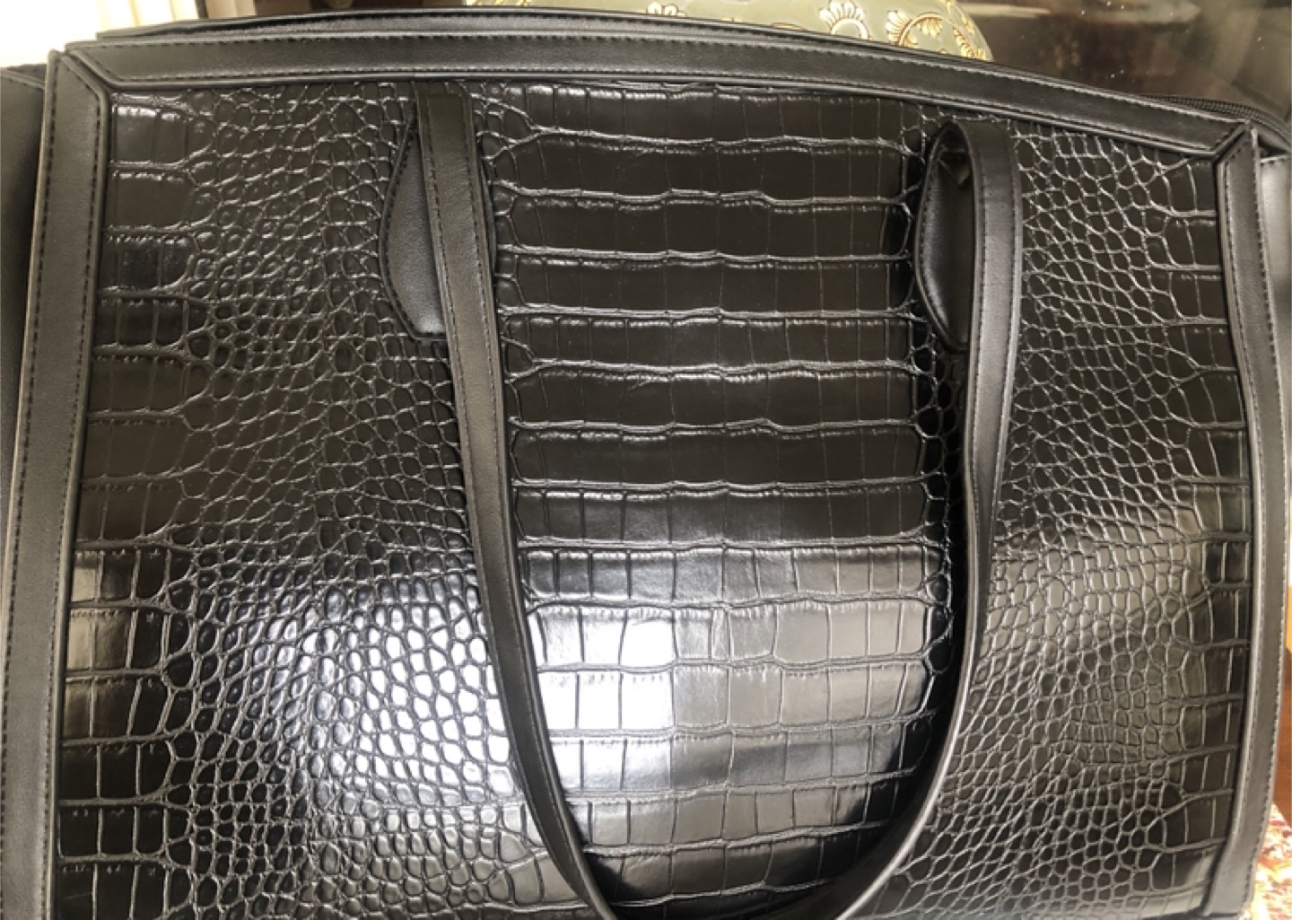 Black Crocodile-Embossed Tote Bag