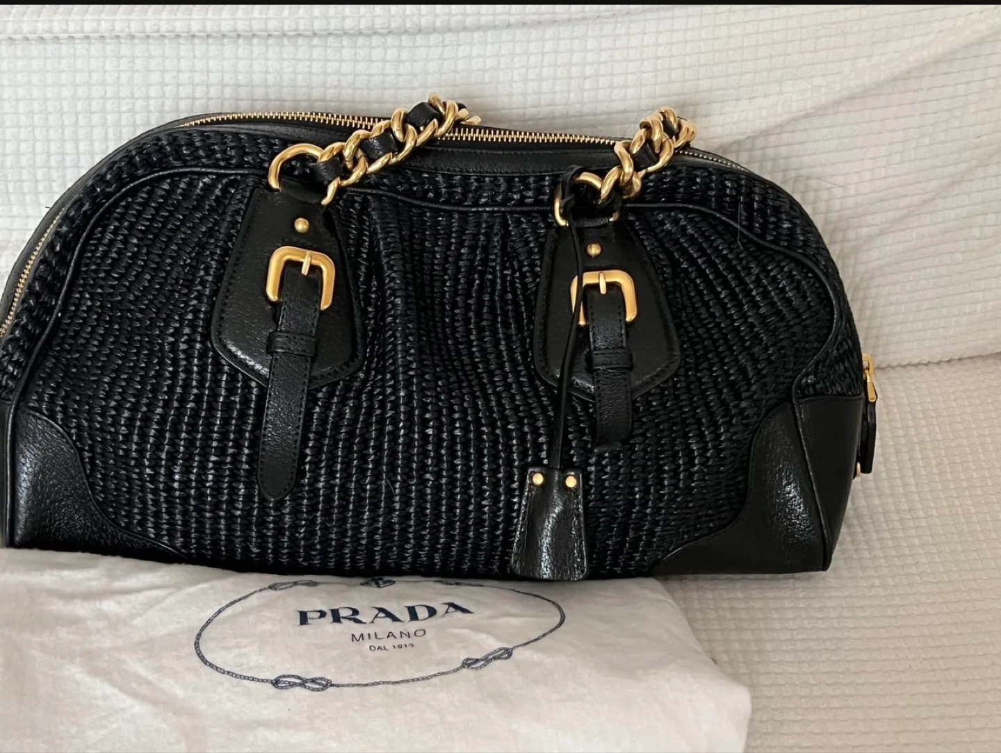 Authentic Prada Raffia Black Handbag with Gold Chain Strap image indicator(6)