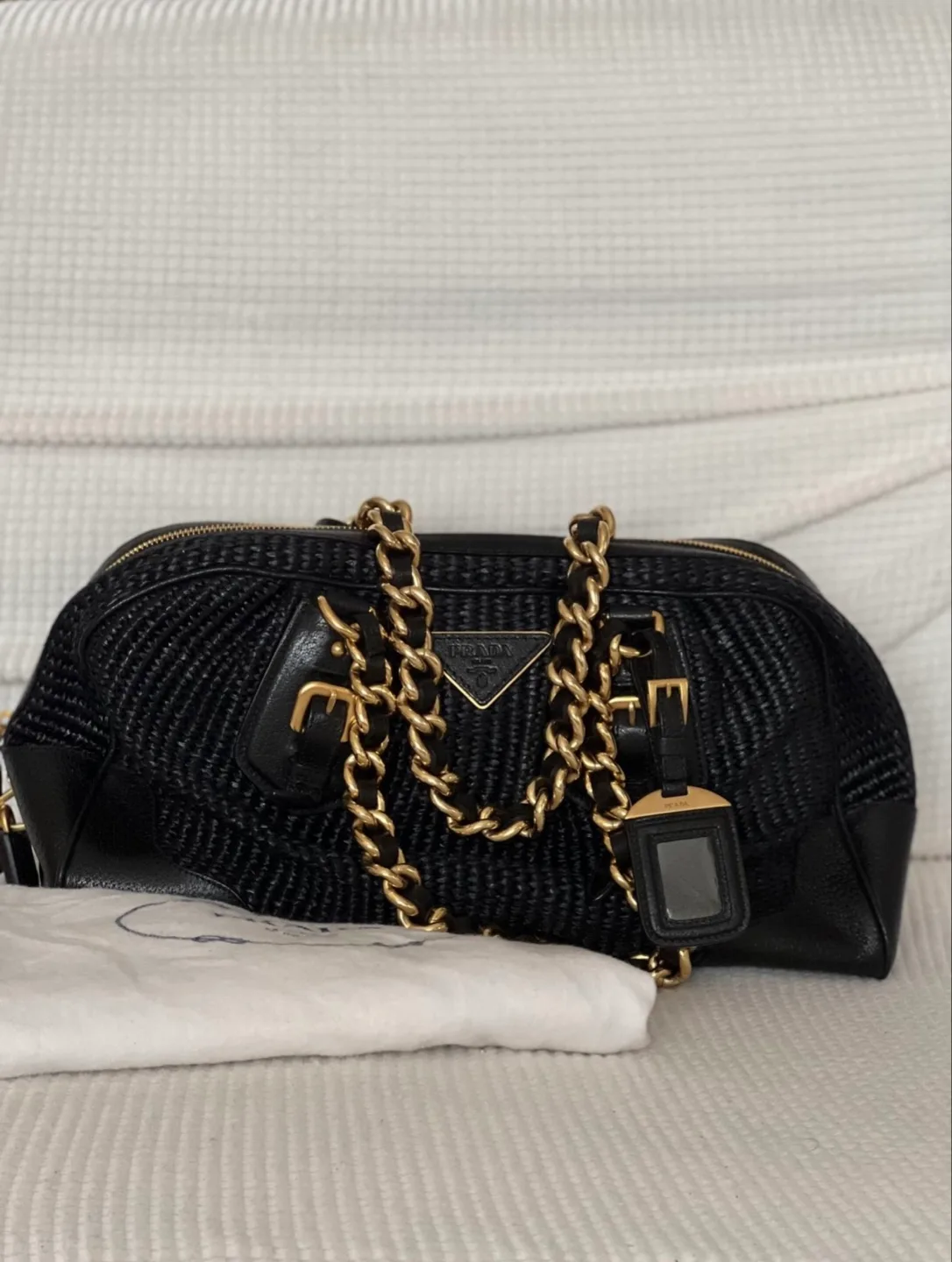 Authentic Prada Raffia Black Handbag with Gold Chain Strap thumbnail