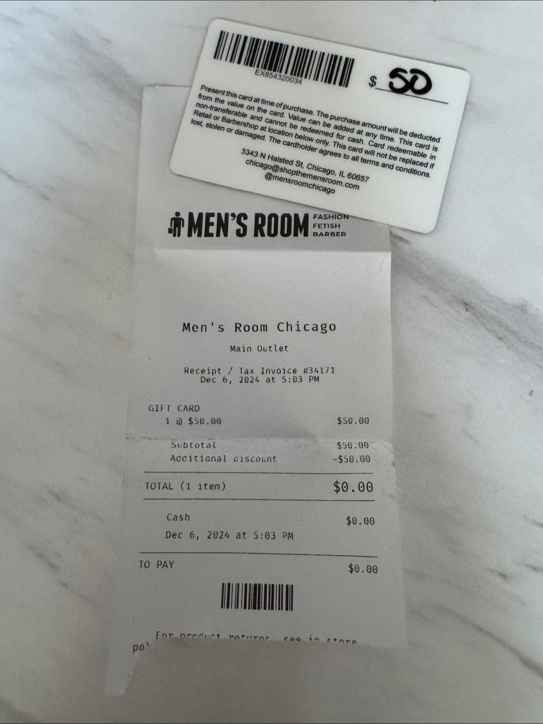 $50 Men's Room Chicago Gift Card - photo 2