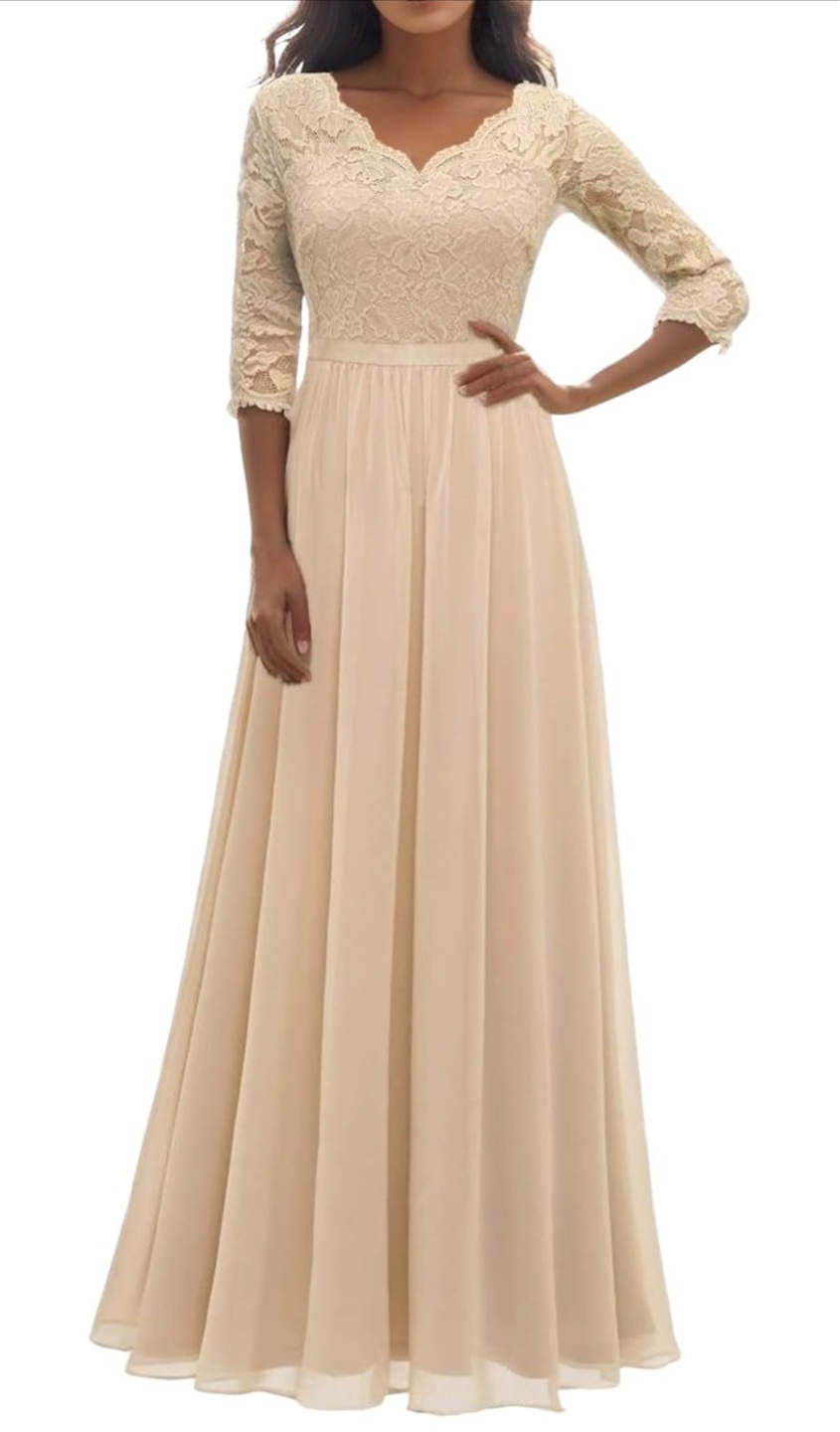 NEW! Elegant Champagne Lace Maxi Dress