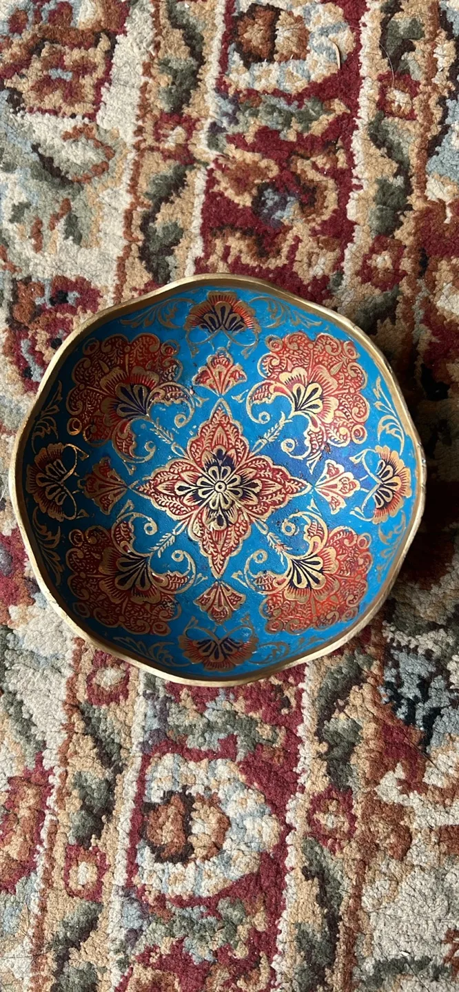 Vintage Brass Bowl with Intricate Hand-Painted Design thumbnail