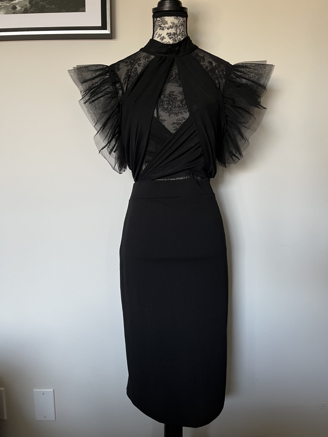 Black Mesh Flutter Sleeve Bodycon Dress