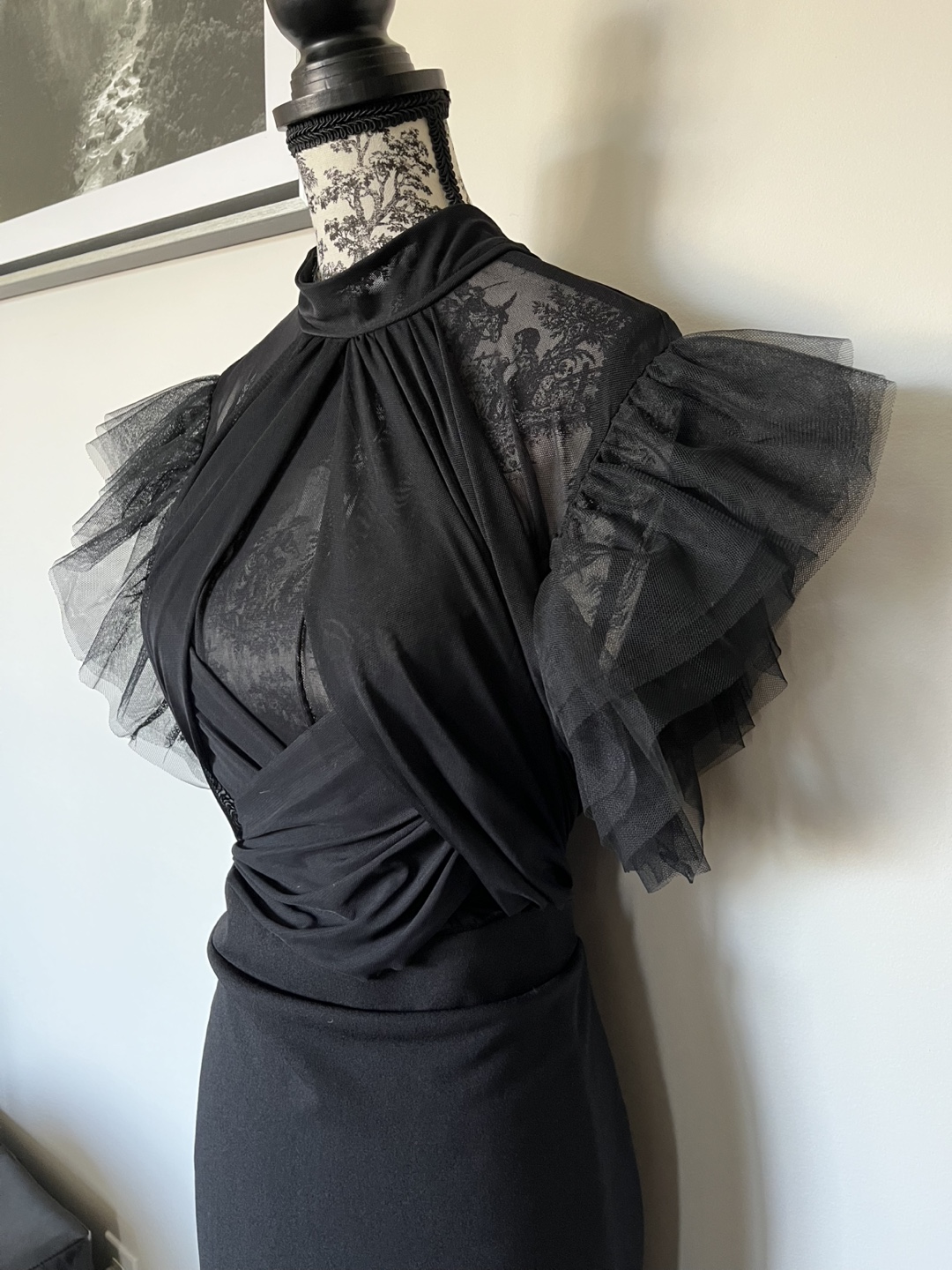 Black Mesh Flutter Sleeve Bodycon Dress - photo 3