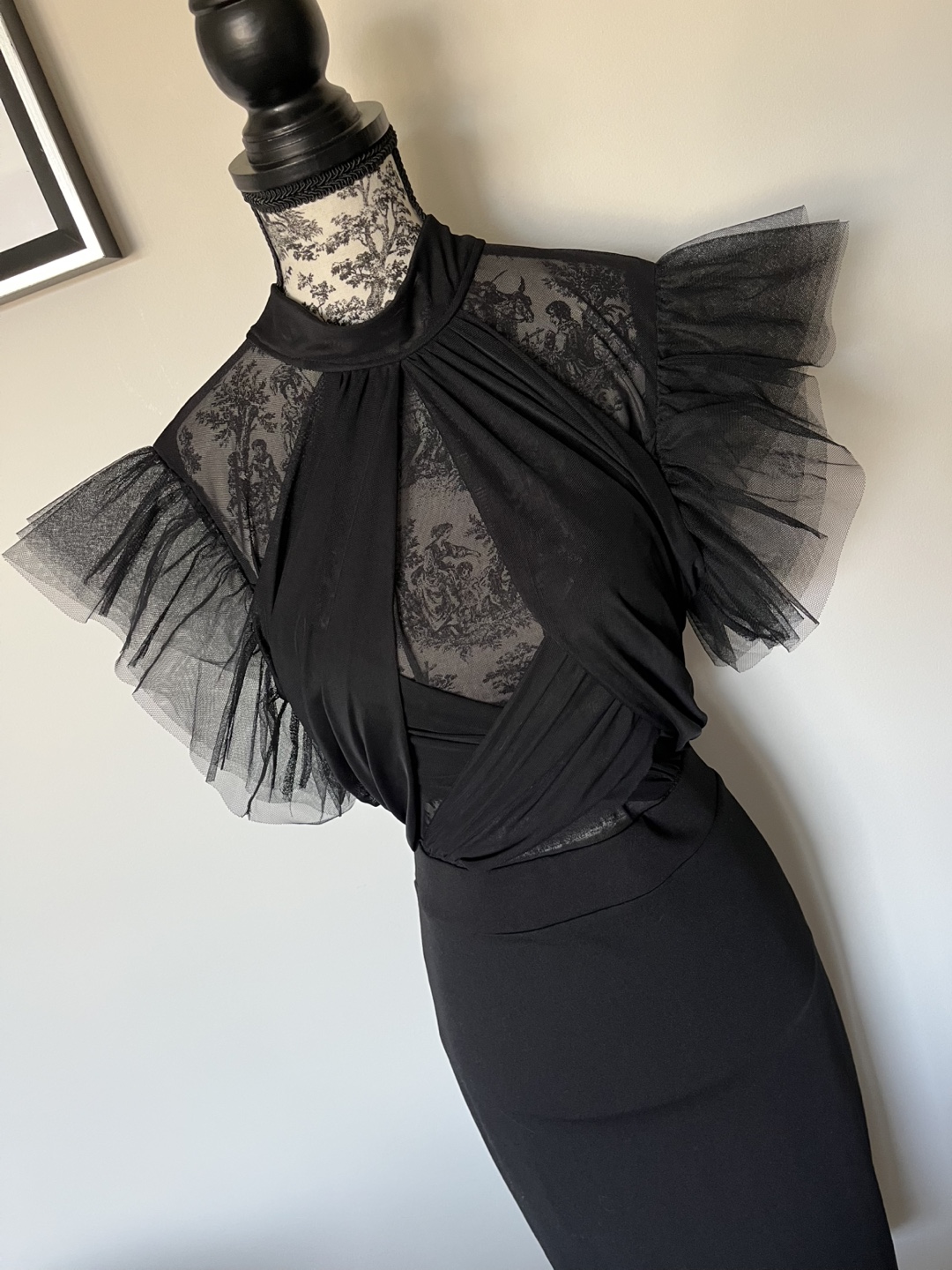 Black Mesh Flutter Sleeve Bodycon Dress - photo 2