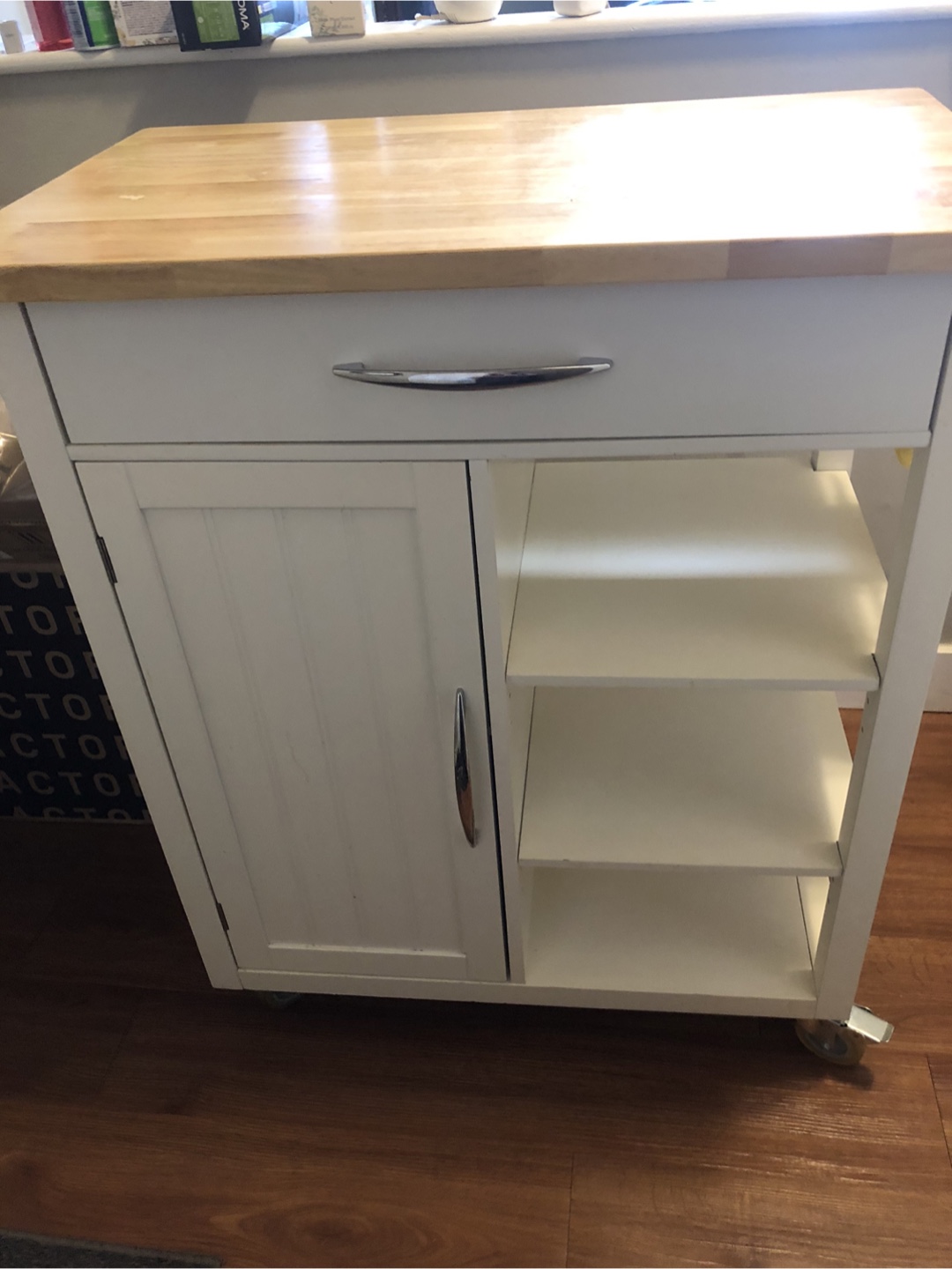 White Kitchen Cart with Butcher Block Top