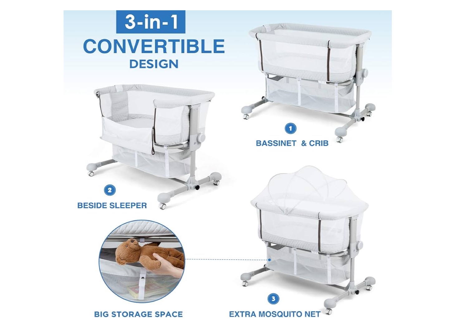 3-in-1 Convertible Baby Bassinet Crib with Mosquito Net - photo 4