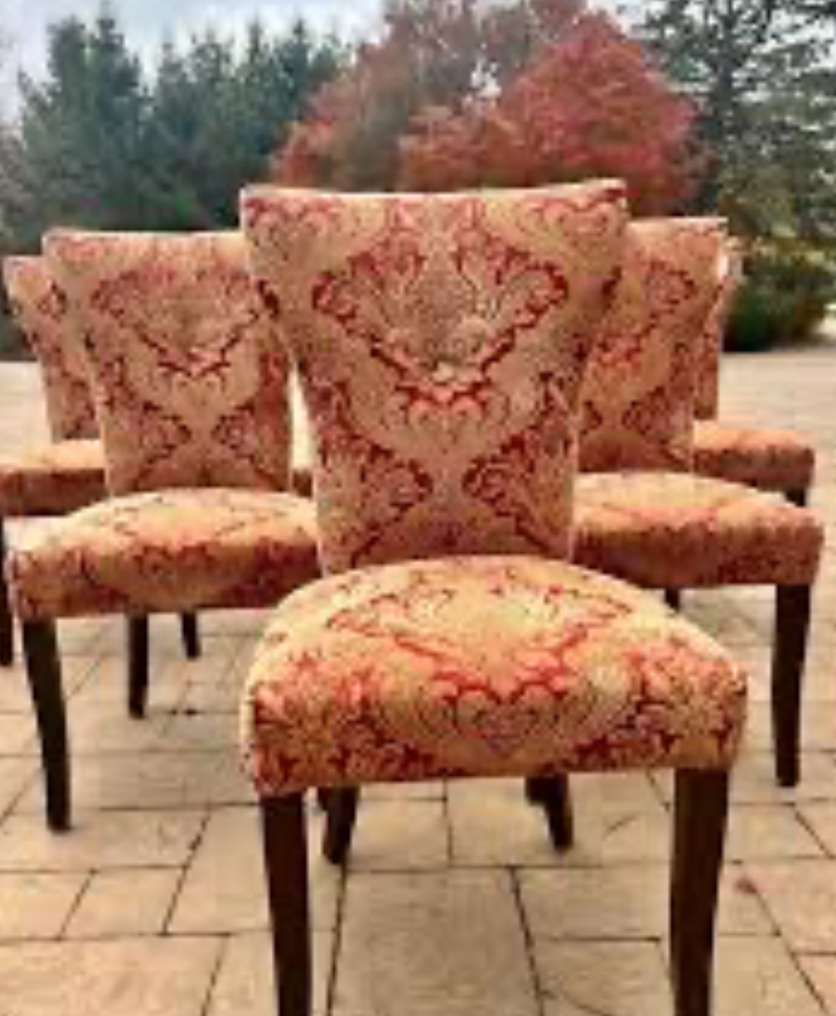 PIER 1 Set of Four Dining Chairs, Red and Gold Damask Upholstery