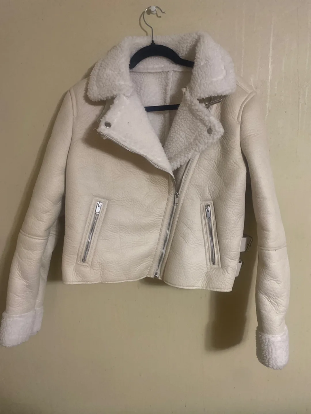 Cream-coloured Faux Shearling Aviator Jacket