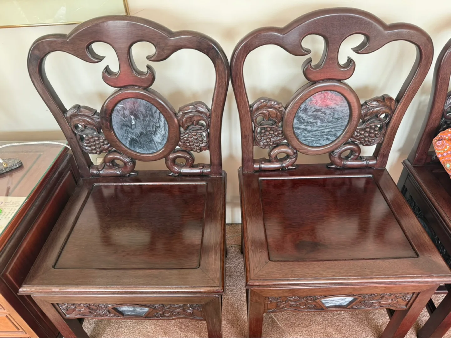 Exquisite Carved Wooden Chairs with Marble Inlays thumbnail